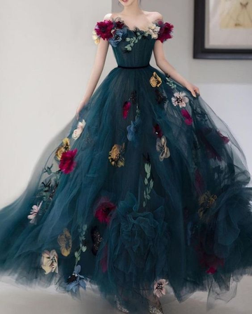 Unique Off The Shoulder Tulle Appliques Long Evening Dress Formal Prom Dress HZ1023